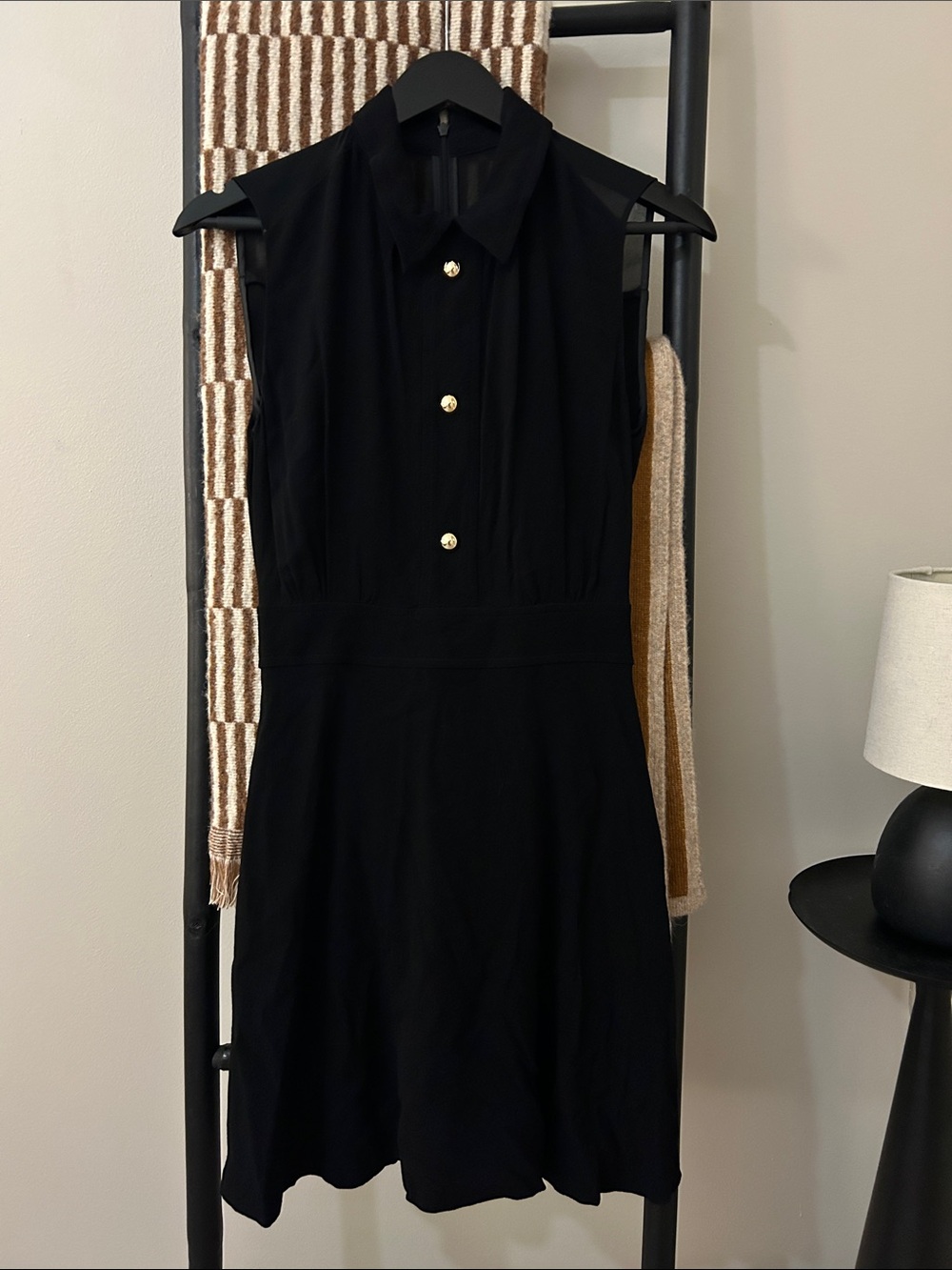 Sandro Paris Sleeveless Black Collared Dress with Gold Buttons